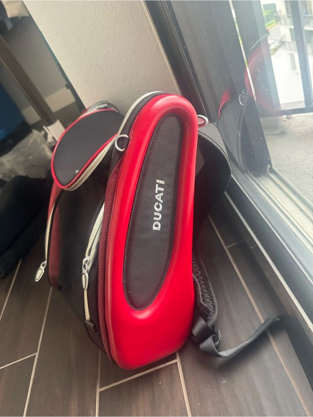 This is a Tumi T3 backpack designed in collaboration with Ducati